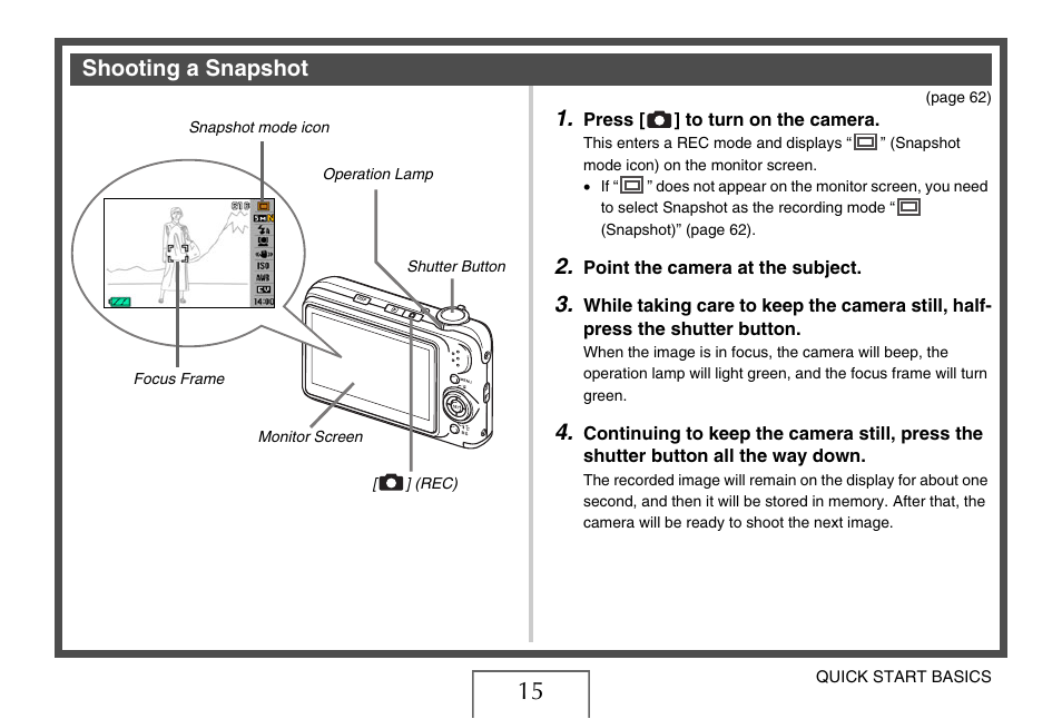 Shooting a snapshot, Shooting a, Snapshot” on | E 15 | Casio EXILIM EX-Z1200 User Manual | Page 15 / 289