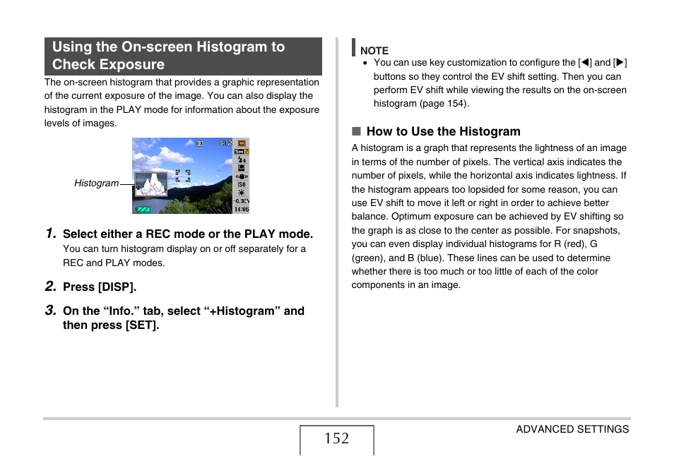 Using the on-screen histogram to check exposure | Casio EXILIM EX-Z1200 User Manual | Page 152 / 289