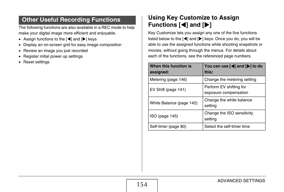 Other useful recording functions, Using key customize to assign functions [<] and, Using key customize to assign functions | W] and [x, Ge 154) | Casio EXILIM EX-Z1200 User Manual | Page 154 / 289