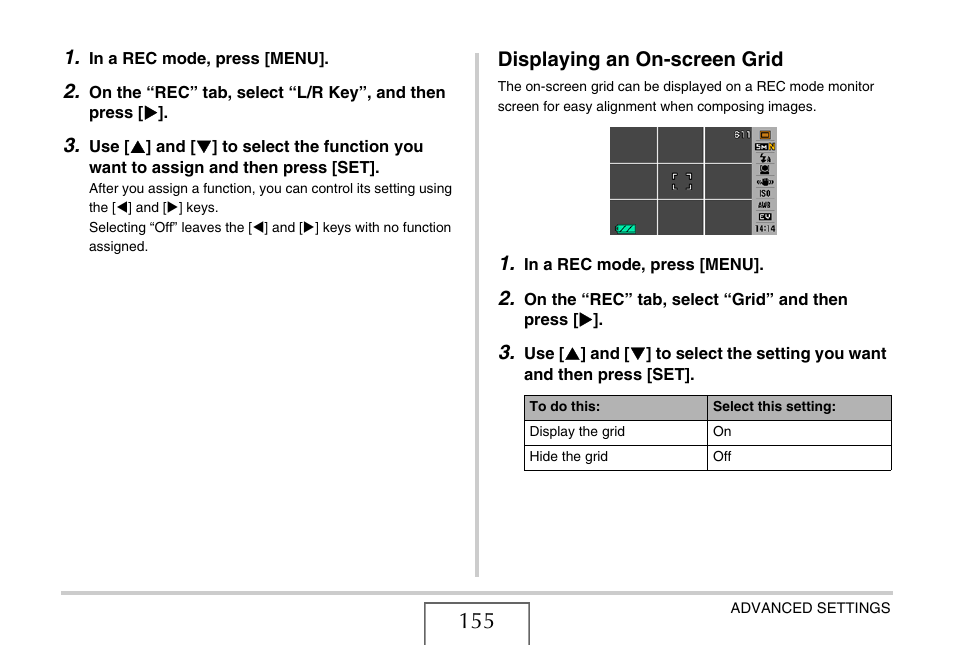 Displaying an on-screen grid | Casio EXILIM EX-Z1200 User Manual | Page 155 / 289