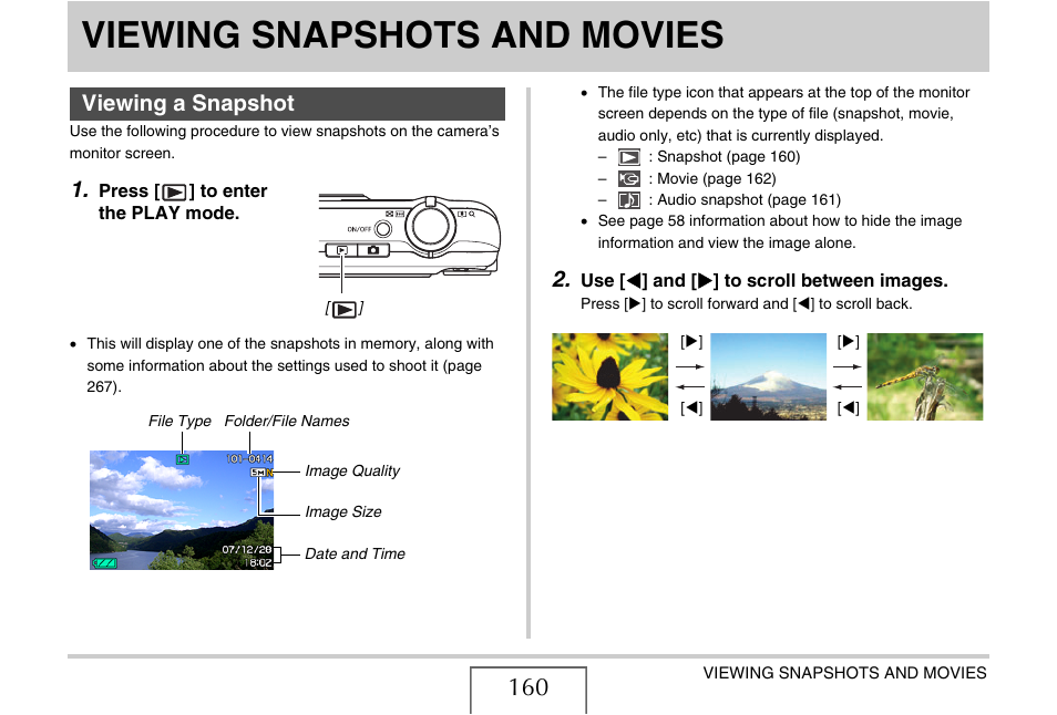 Viewing snapshots and movies, Viewing a snapshot | Casio EXILIM EX-Z1200 User Manual | Page 160 / 289
