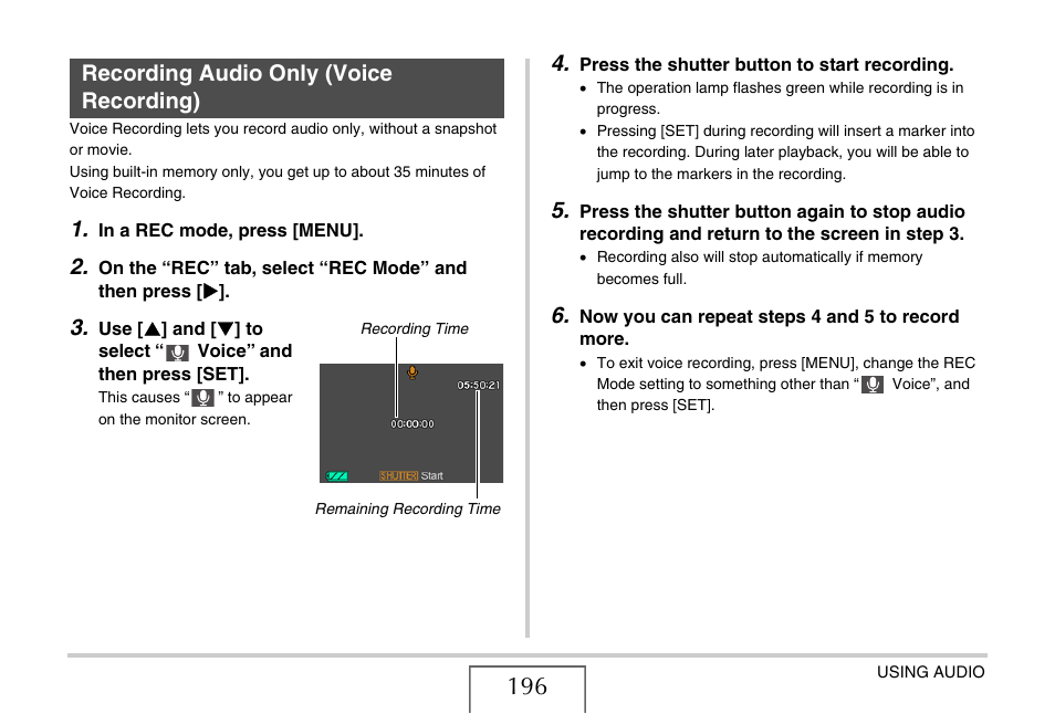 Recording audio only (voice recording) | Casio EXILIM EX-Z1200 User Manual | Page 196 / 289