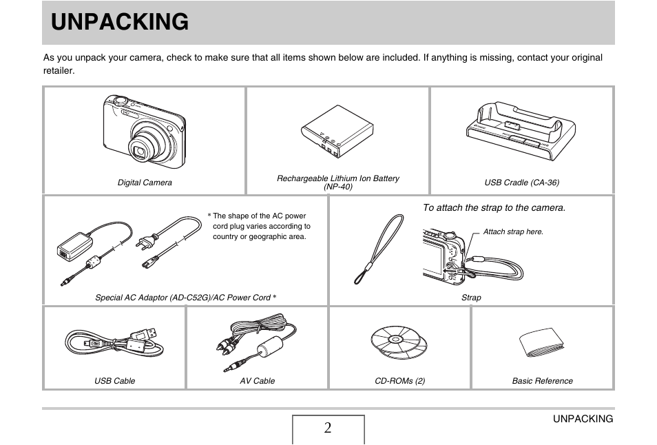 Unpacking | Casio EXILIM EX-Z1200 User Manual | Page 2 / 289