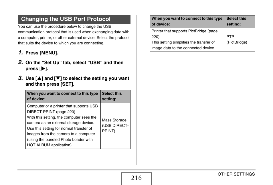 Changing the usb port protocol | Casio EXILIM EX-Z1200 User Manual | Page 216 / 289