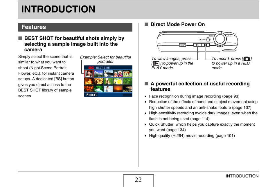 Introduction, Features | Casio EXILIM EX-Z1200 User Manual | Page 22 / 289