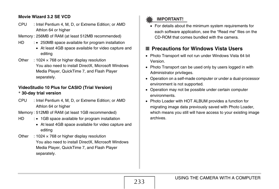 Precautions for windows vista users | Casio EXILIM EX-Z1200 User Manual | Page 233 / 289