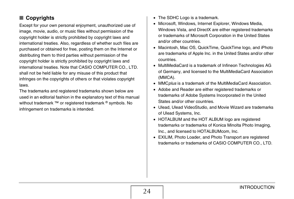 Copyrights | Casio EXILIM EX-Z1200 User Manual | Page 24 / 289