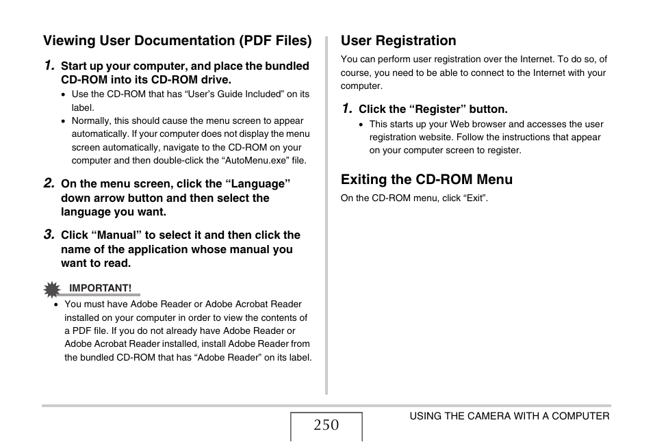 Viewing user documentation (pdf files), User registration, Exiting the cd-rom menu | Viewing user documentation (pdf files) 1 | Casio EXILIM EX-Z1200 User Manual | Page 250 / 289