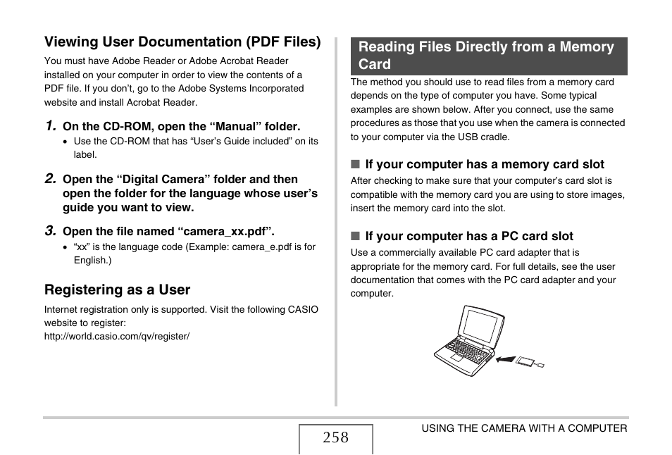 Viewing user documentation (pdf files), Registering as a user, Reading files directly from a memory card | Casio EXILIM EX-Z1200 User Manual | Page 258 / 289