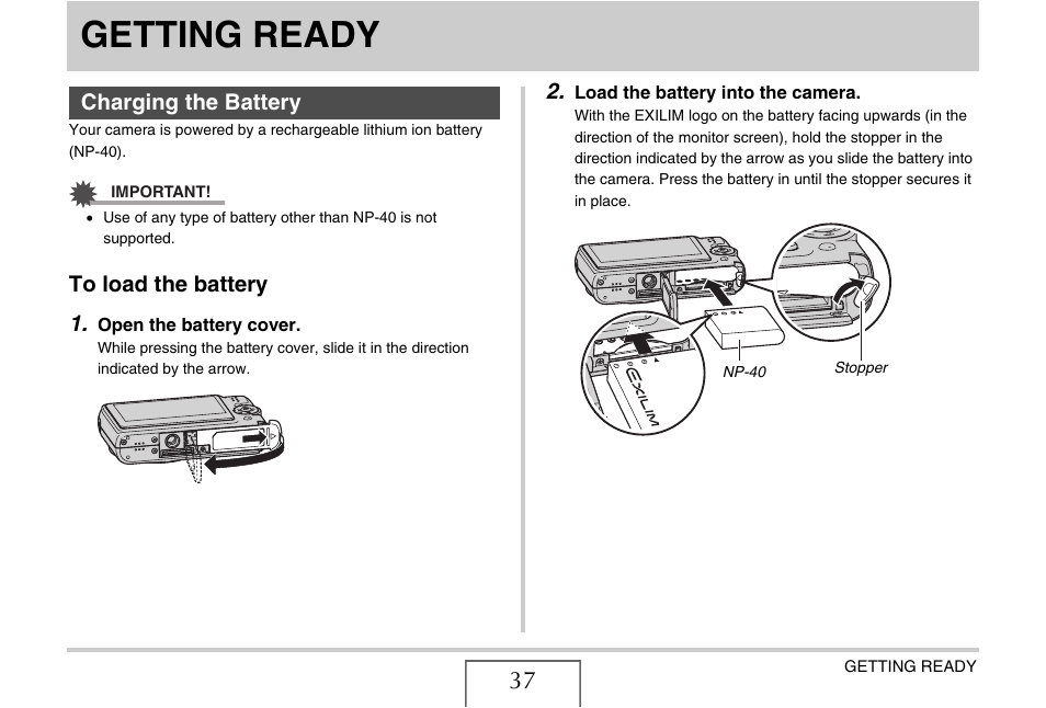 Getting ready, Charging the battery, To load the battery | Casio EXILIM EX-Z1200 User Manual | Page 37 / 289