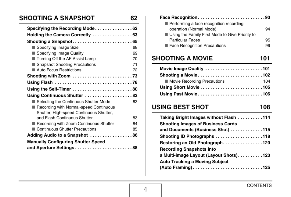 Shooting a snapshot 62, Shooting a movie 101, Using best shot 108 | Casio EXILIM EX-Z1200 User Manual | Page 4 / 289