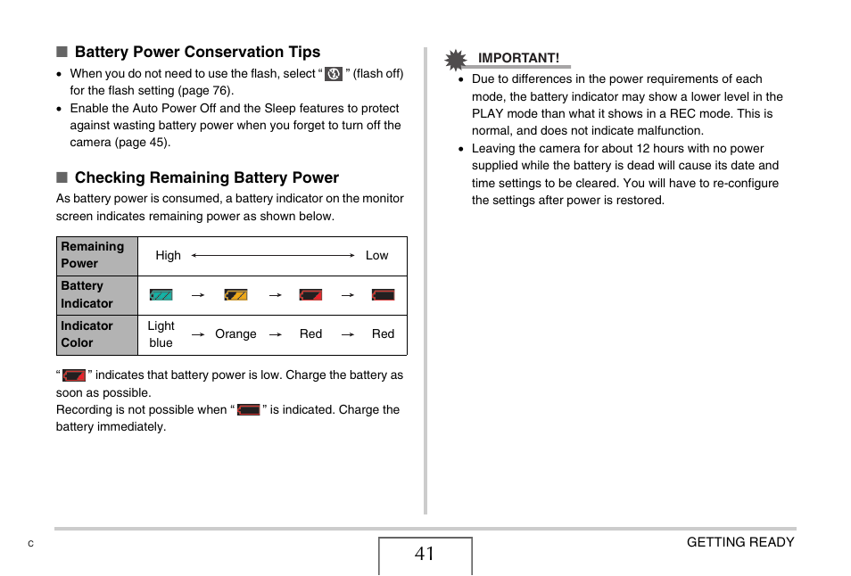 Battery power conservation tips, Checking remaining battery power | Casio EXILIM EX-Z1200 User Manual | Page 41 / 289