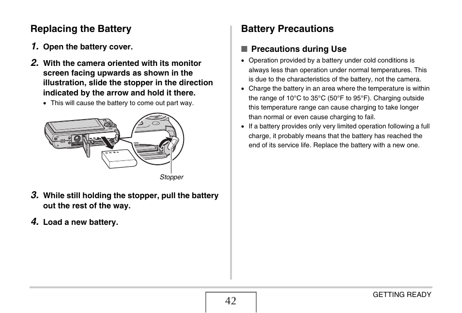 Replacing the battery, Battery precautions, Replacing the battery 1 | Casio EXILIM EX-Z1200 User Manual | Page 42 / 289