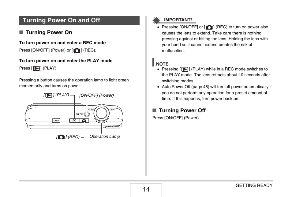 Turning power on and off | Casio EXILIM EX-Z1200 User Manual | Page 44 / 289