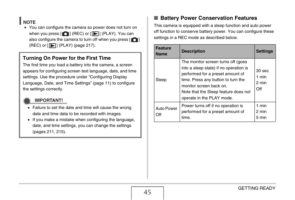 Battery power conservation features | Casio EXILIM EX-Z1200 User Manual | Page 45 / 289