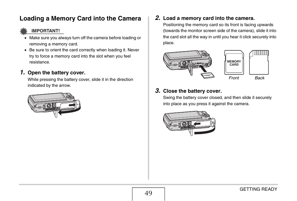 Loading a memory card into the camera | Casio EXILIM EX-Z1200 User Manual | Page 49 / 289