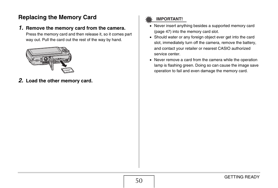 Replacing the memory card | Casio EXILIM EX-Z1200 User Manual | Page 50 / 289