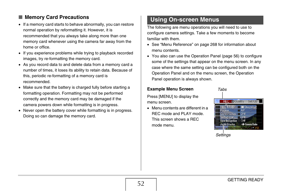 Using on-screen menus | Casio EXILIM EX-Z1200 User Manual | Page 52 / 289