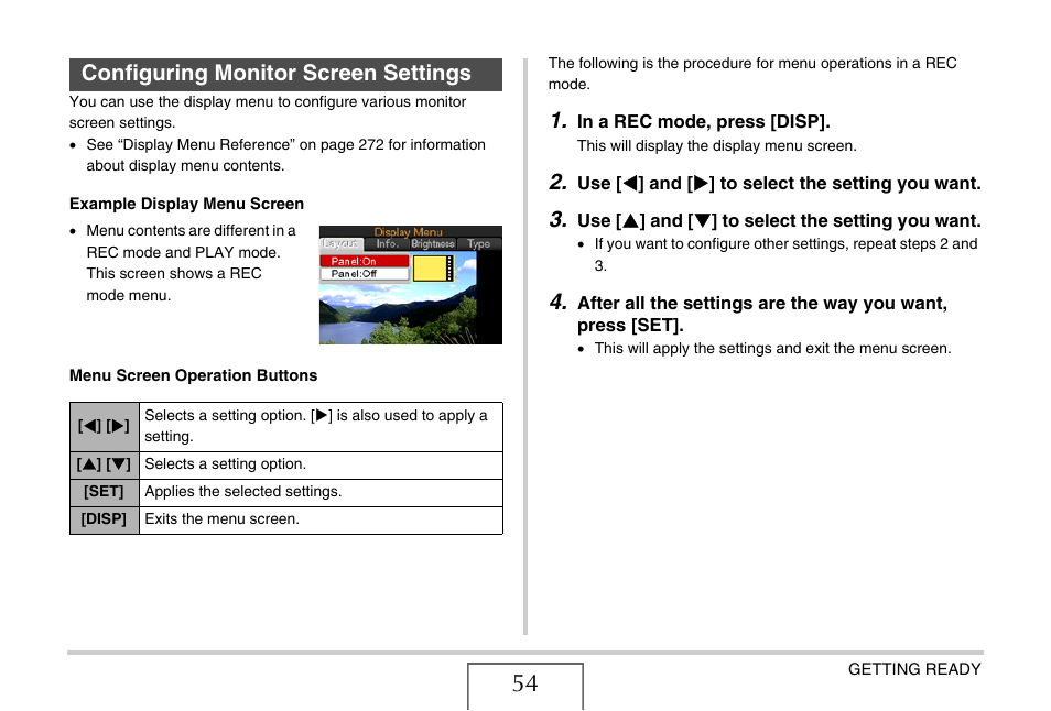 Configuring monitor screen settings | Casio EXILIM EX-Z1200 User Manual | Page 54 / 289
