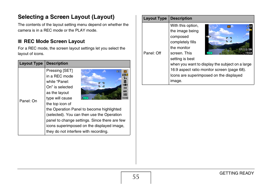 Selecting a screen layout (layout) | Casio EXILIM EX-Z1200 User Manual | Page 55 / 289