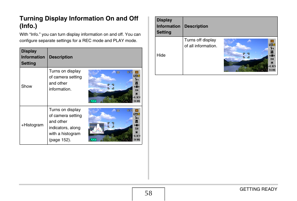 Turning display information on and off (info.) | Casio EXILIM EX-Z1200 User Manual | Page 58 / 289