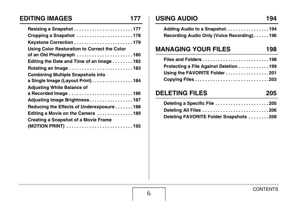 Editing images 177, Using audio 194, Managing your files 198 | Deleting files 205 | Casio EXILIM EX-Z1200 User Manual | Page 6 / 289