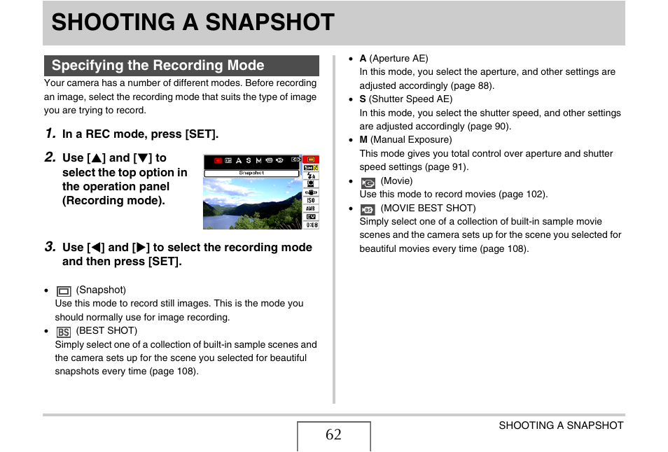 Shooting a snapshot, Specifying the recording mode, E 62) | Casio EXILIM EX-Z1200 User Manual | Page 62 / 289