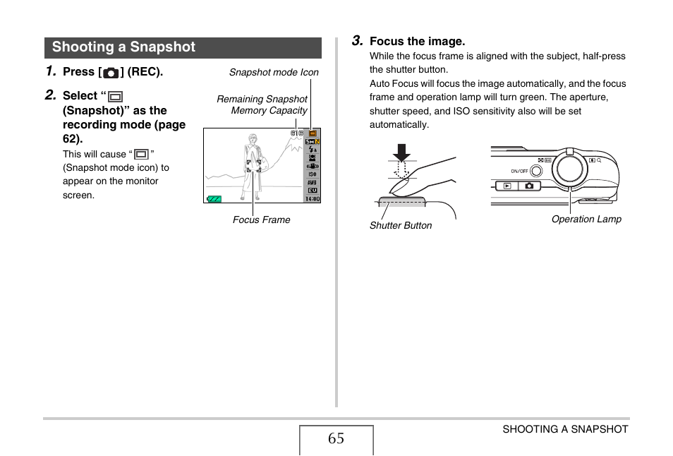Shooting a snapshot | Casio EXILIM EX-Z1200 User Manual | Page 65 / 289