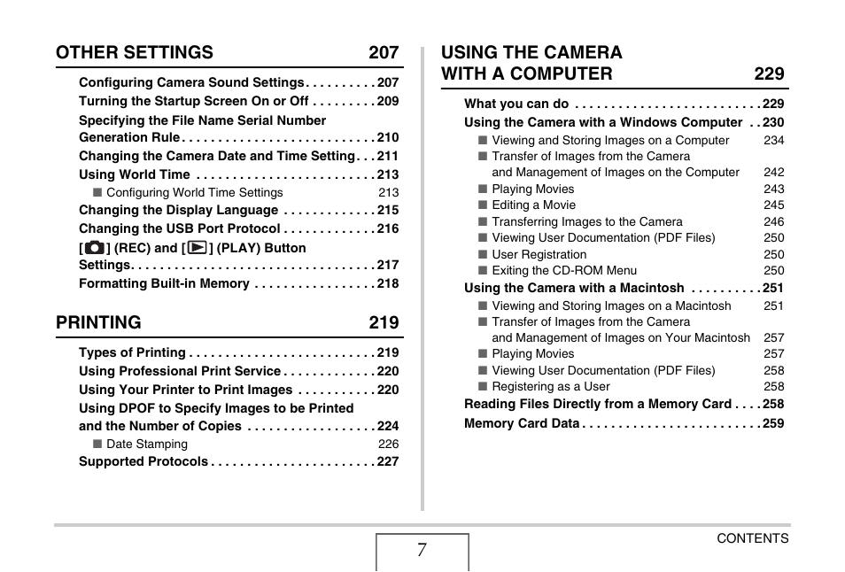 Other settings 207, Printing 219, Using the camera with a computer 229 | Casio EXILIM EX-Z1200 User Manual | Page 7 / 289