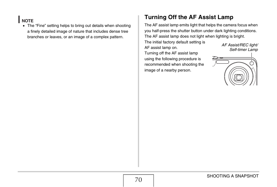 Turning off the af assist lamp | Casio EXILIM EX-Z1200 User Manual | Page 70 / 289
