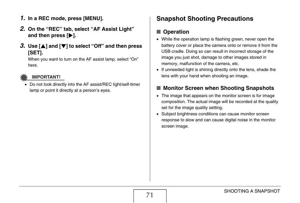 Snapshot shooting precautions | Casio EXILIM EX-Z1200 User Manual | Page 71 / 289