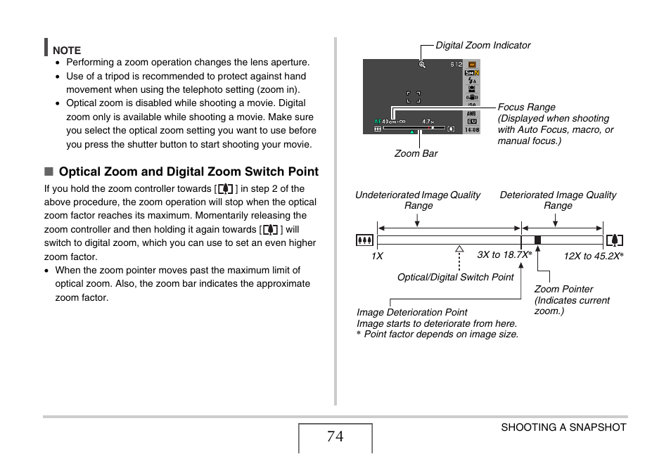 Optical zoom and digital, Zoom switch point, Optical zoom and digital zoom switch point | Casio EXILIM EX-Z1200 User Manual | Page 74 / 289