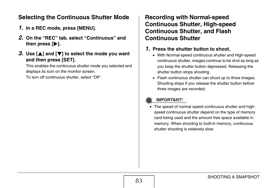 Selecting the continuous shutter mode, Selecting the continuous shutter mode 1 | Casio EXILIM EX-Z1200 User Manual | Page 83 / 289