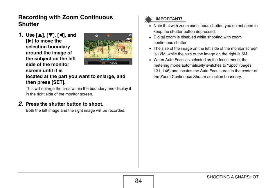 Recording with zoom continuous shutter, Recording with zoom continuous shutter 1 | Casio EXILIM EX-Z1200 User Manual | Page 84 / 289
