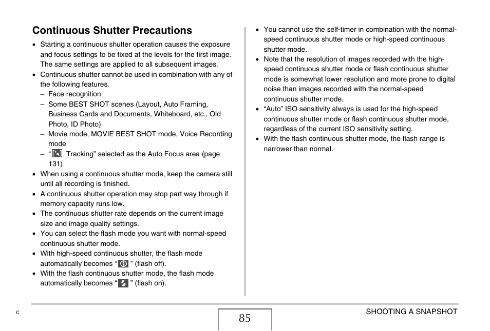 Continuous shutter precautions | Casio EXILIM EX-Z1200 User Manual | Page 85 / 289