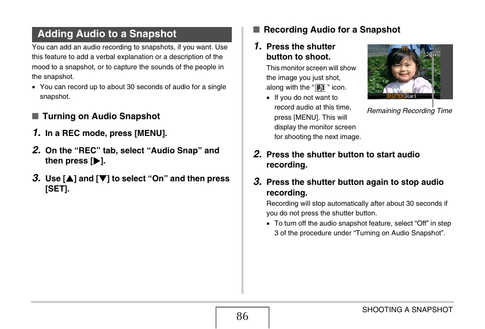 Adding audio to a snapshot | Casio EXILIM EX-Z1200 User Manual | Page 86 / 289