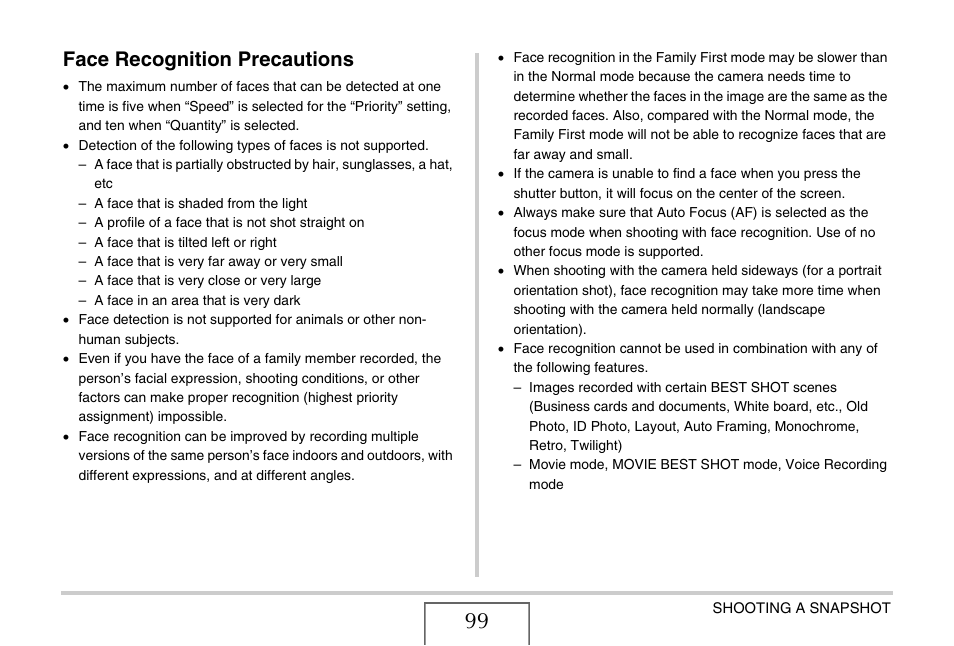 Face recognition precautions | Casio EXILIM EX-Z1200 User Manual | Page 99 / 289
