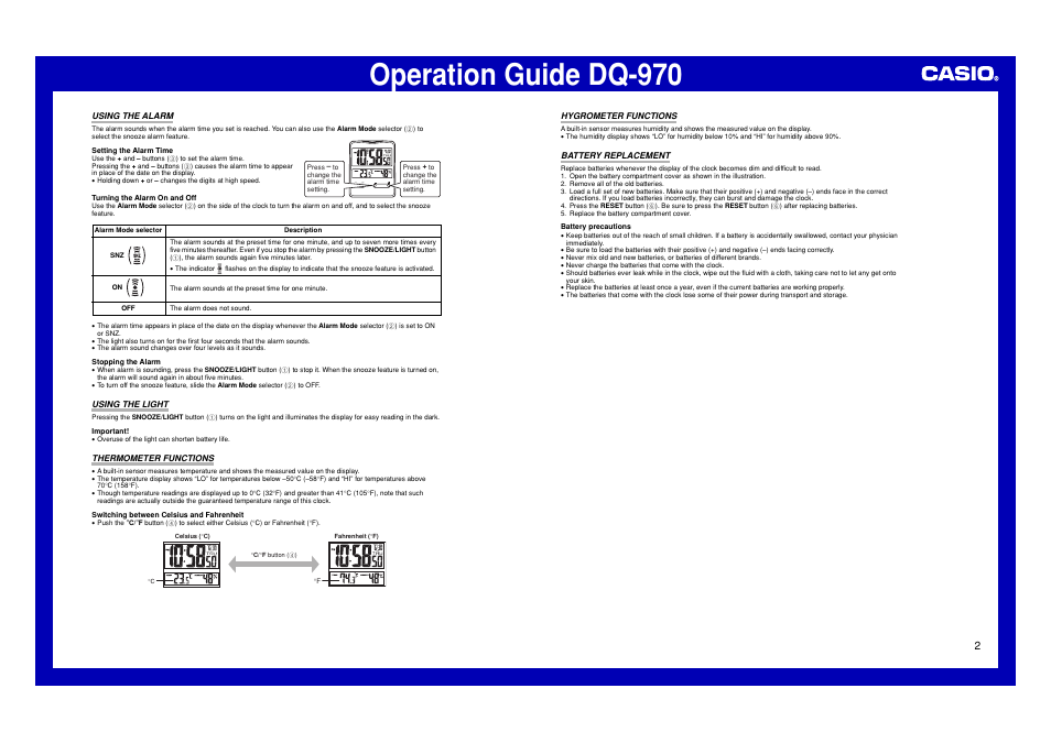 Using the alarm, Using the light, Thermometer functions | Hygrometer functions, Battery replacement, Operation guide dq-970, Set ° c/ ° f | Casio DQ-970 User Manual | Page 2 / 2