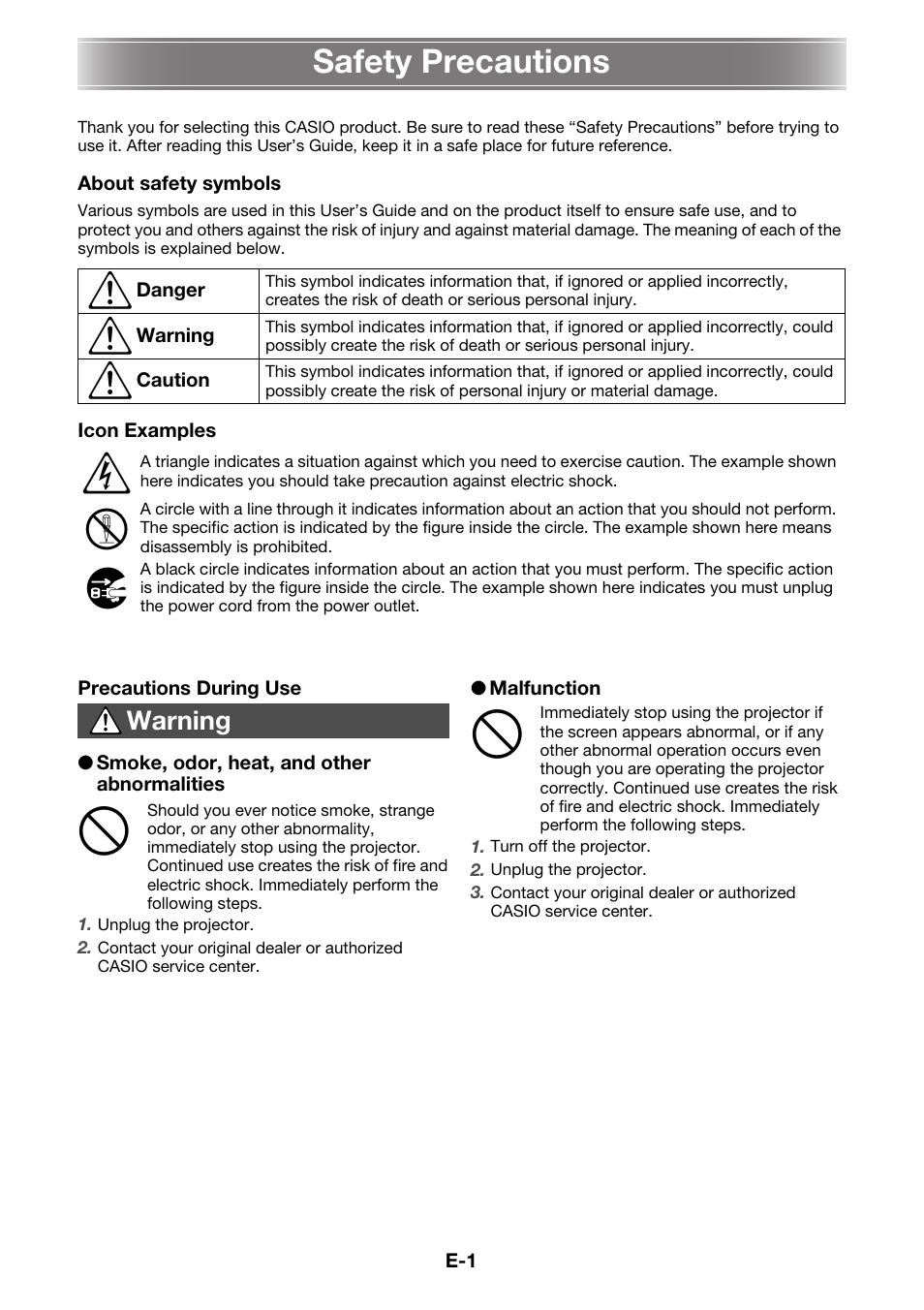 Safety precautions | Casio XJ-M150/XJ-M155* User Manual | Page 3 / 26