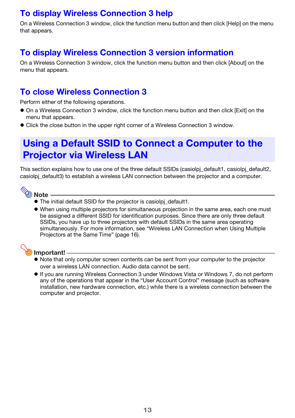 To display wireless connection 3 help, To close wireless connection 3 | Casio XJ-A255V User Manual | Page 13 / 45