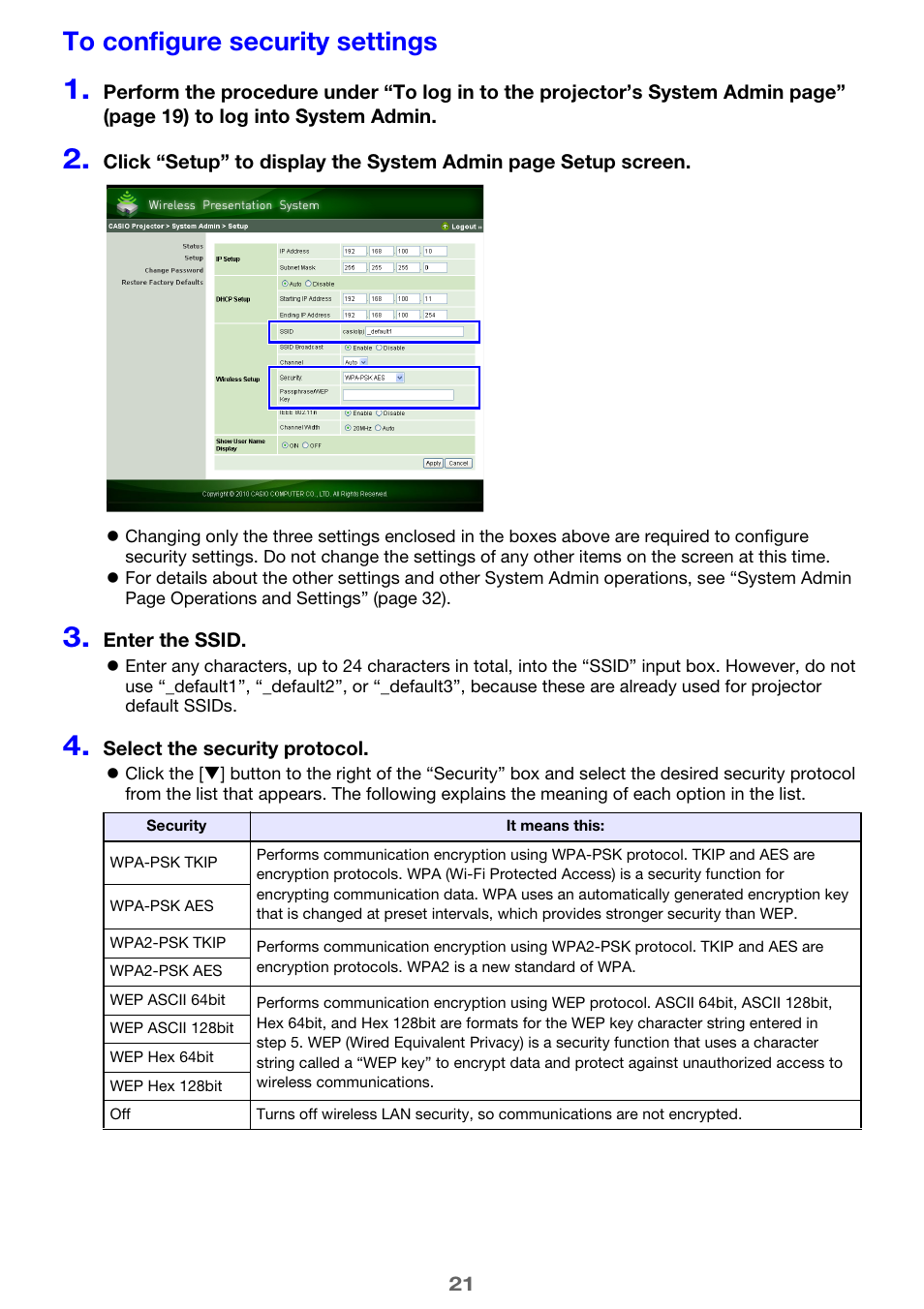 To configure security settings | Casio XJ-A255V User Manual | Page 21 / 45