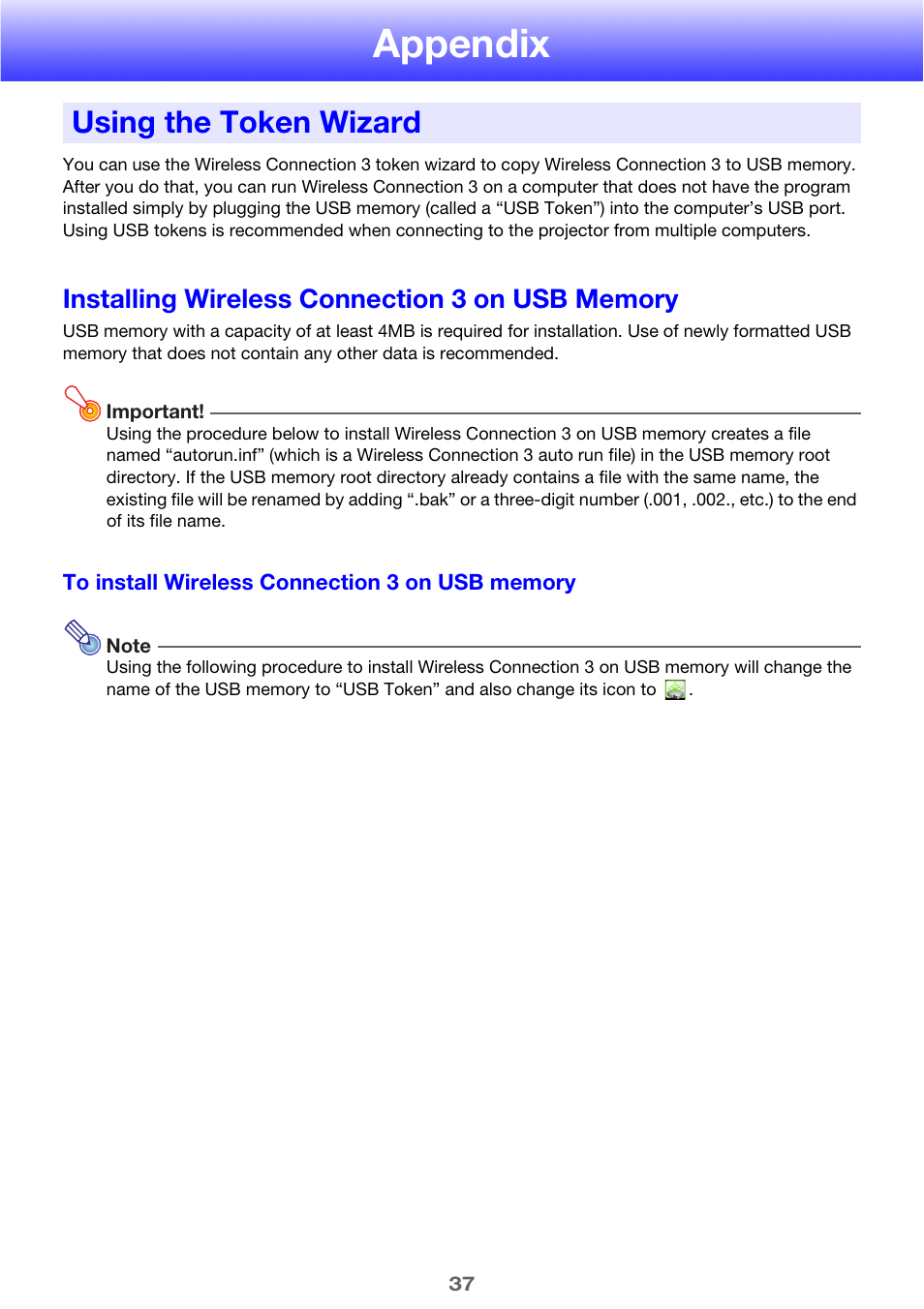 Appendix, Using the token wizard, Installing wireless connection 3 on usb memory | Casio XJ-A255V User Manual | Page 37 / 45