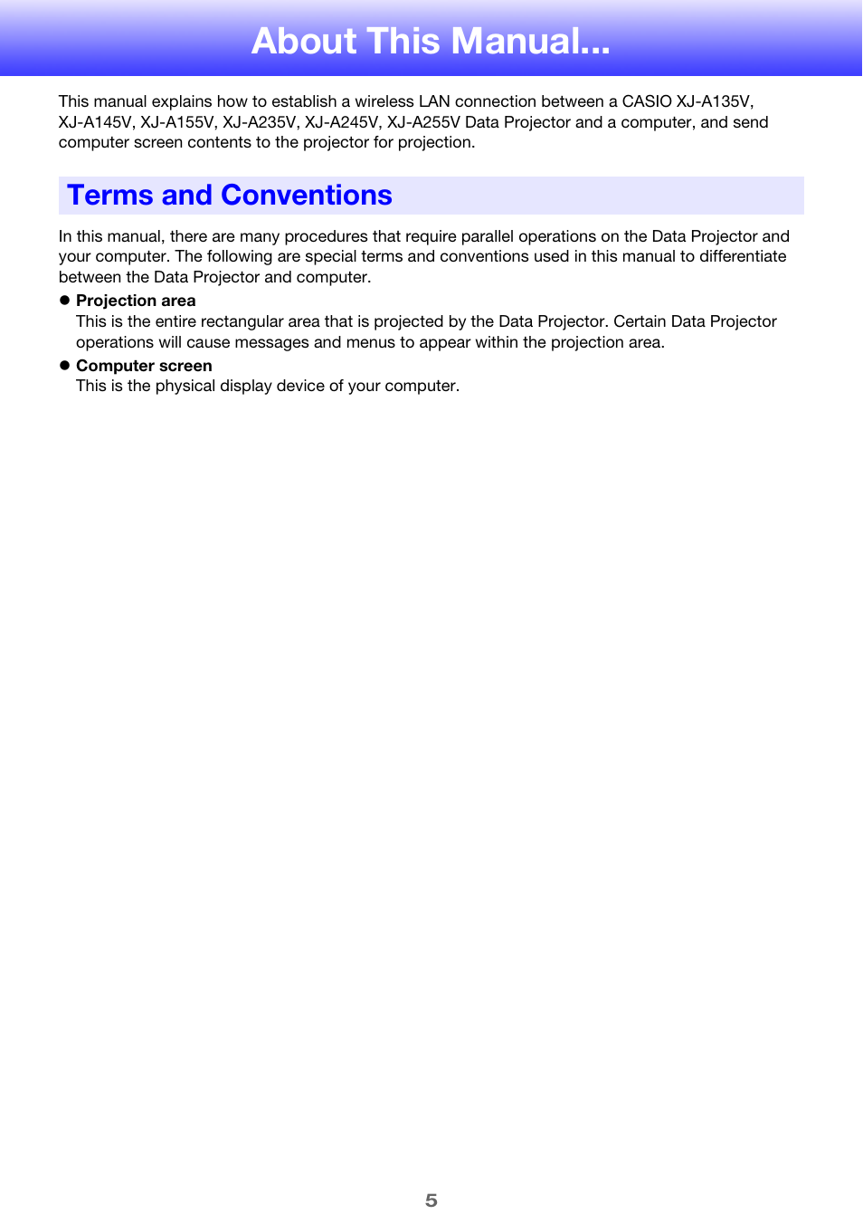 About this manual, Terms and conventions | Casio XJ-A255V User Manual | Page 5 / 45