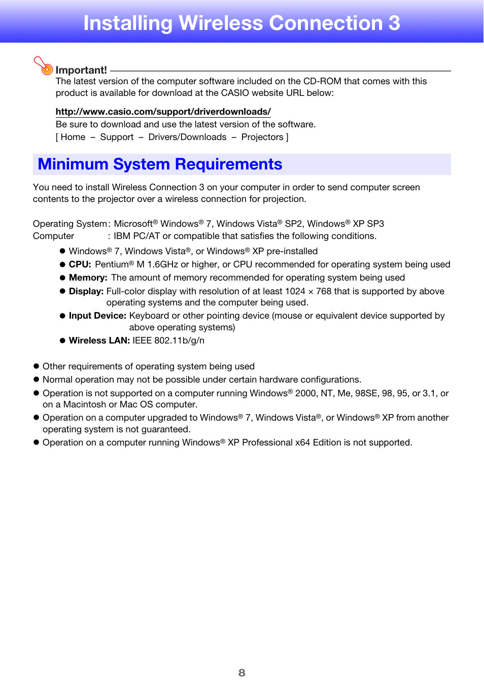 Installing wireless connection 3, Minimum system requirements | Casio XJ-A255V User Manual | Page 8 / 45