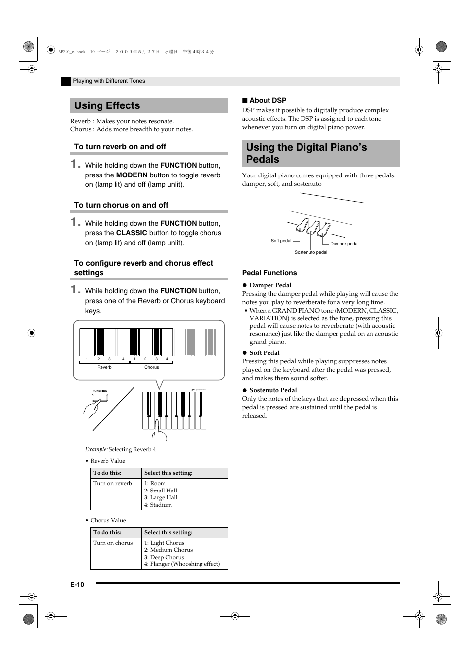 Using effects, Using the digital piano’s pedals | Casio Celviano AP-220 User Manual | Page 12 / 39