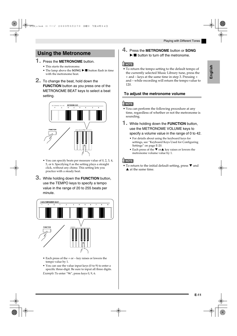 Using the metronome | Casio Celviano AP-220 User Manual | Page 13 / 39