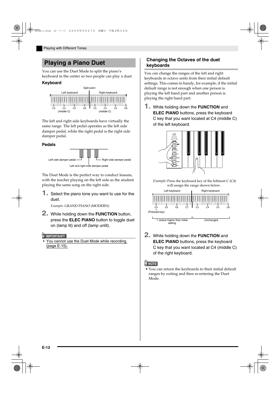 Playing a piano duet, Changing the octaves of the duet keyboards | Casio Celviano AP-220 User Manual | Page 14 / 39