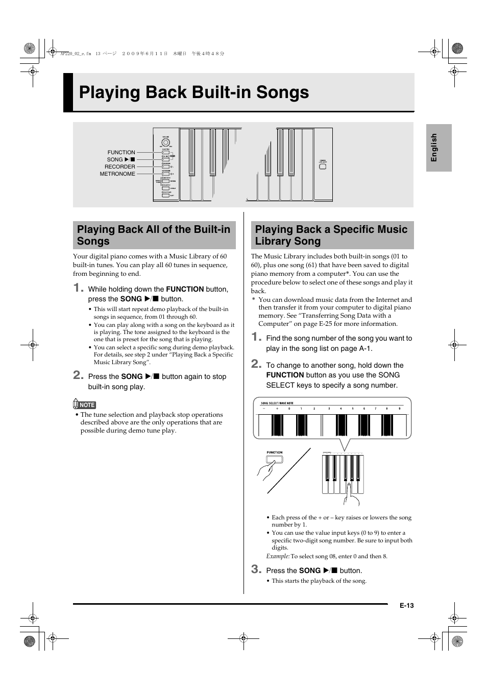 Playing back built-in songs | Casio Celviano AP-220 User Manual | Page 15 / 39