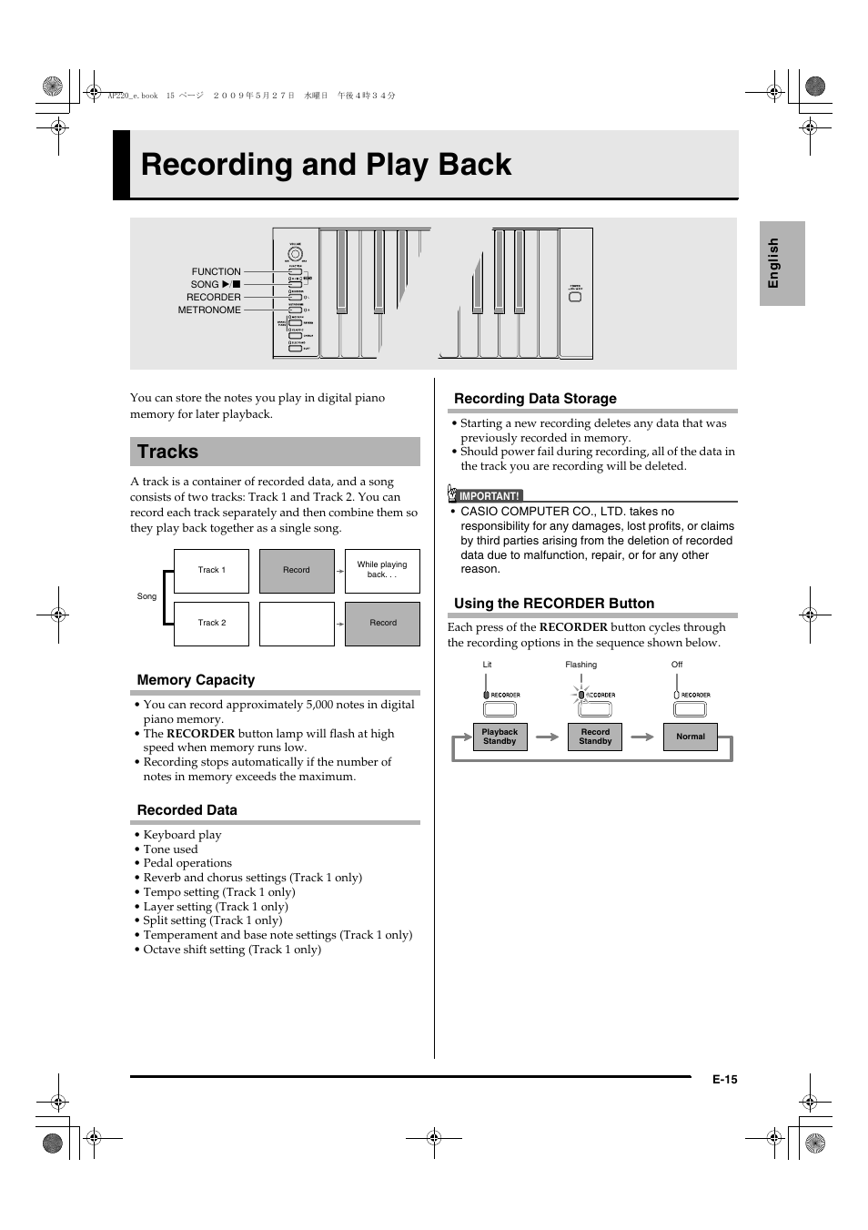 Recording and play back, Tracks | Casio Celviano AP-220 User Manual | Page 17 / 39