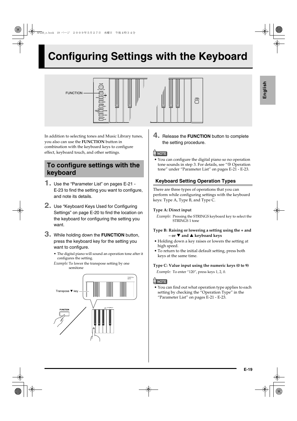 Configuring settings with the keyboard | Casio Celviano AP-220 User Manual | Page 21 / 39